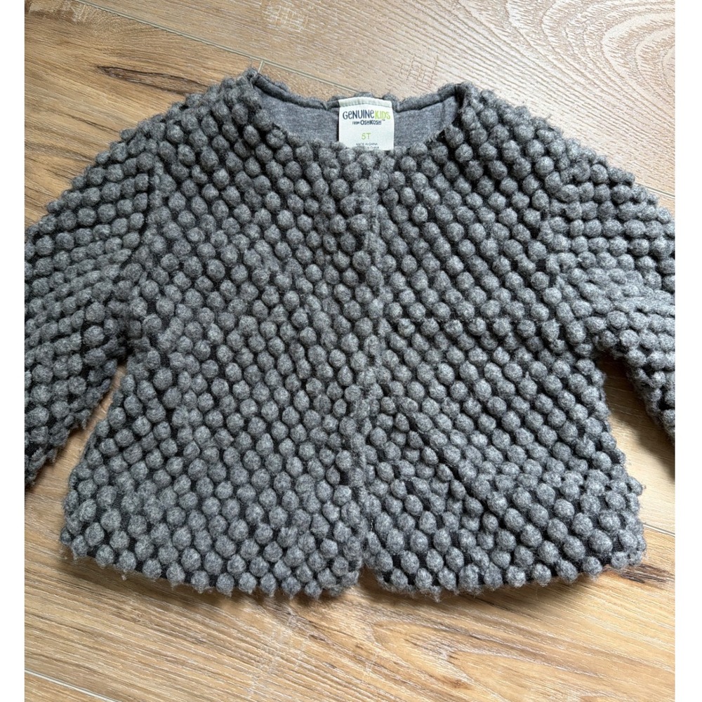 Toddler Girl 5T Gray Wool Sweater Jacket Lined Chunky Popcorn Knit Cardigan